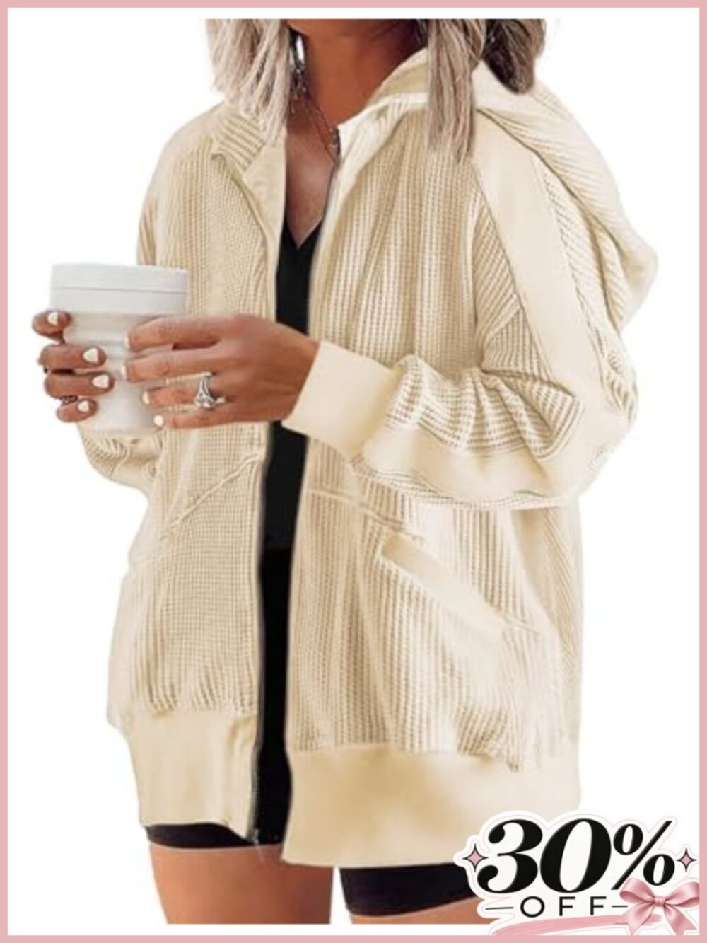 Plus Size Waffle Knit Zip Up Hoodie Oversized Sweatshirt